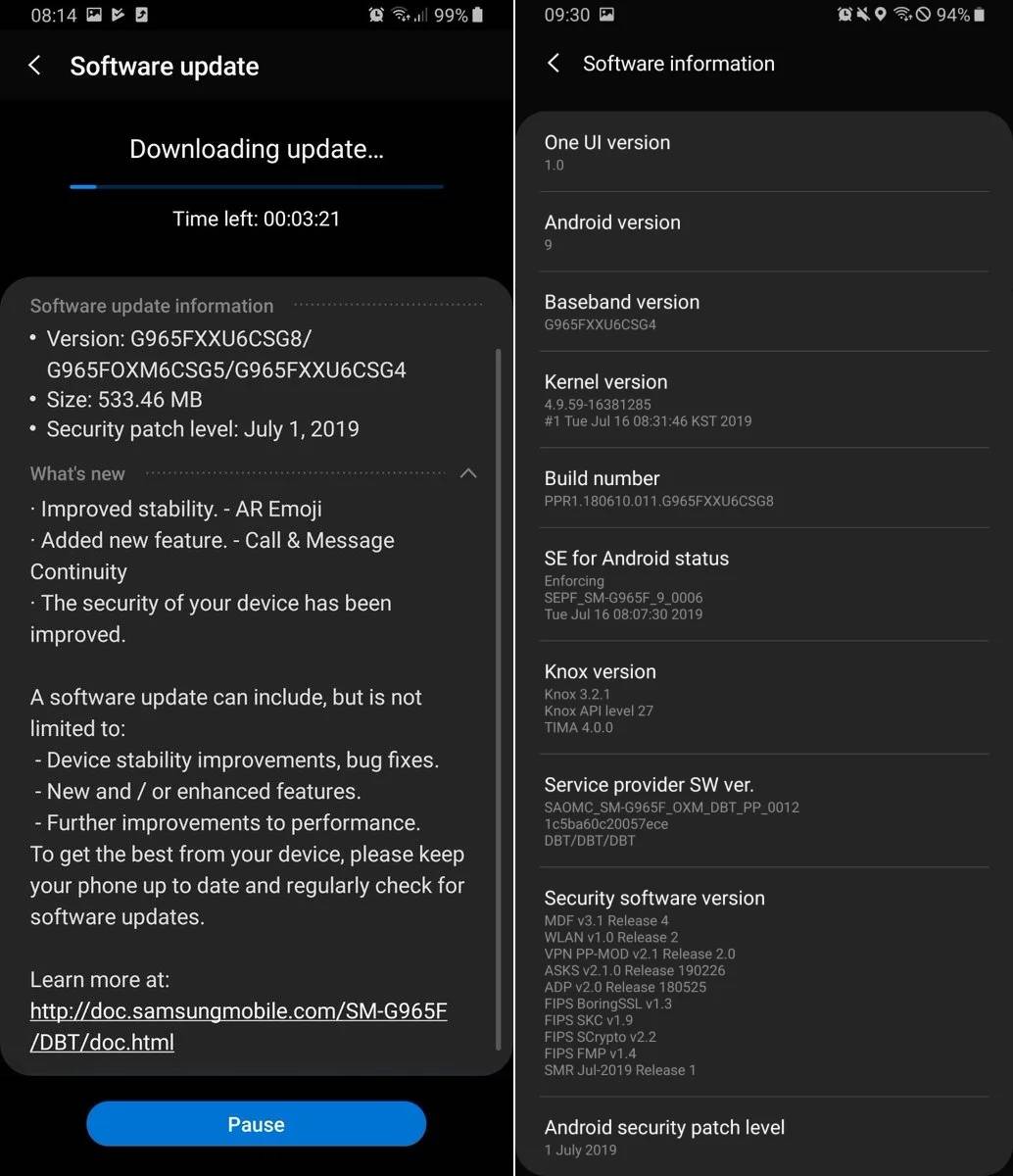 Samsung GALAXY S9 update iulie